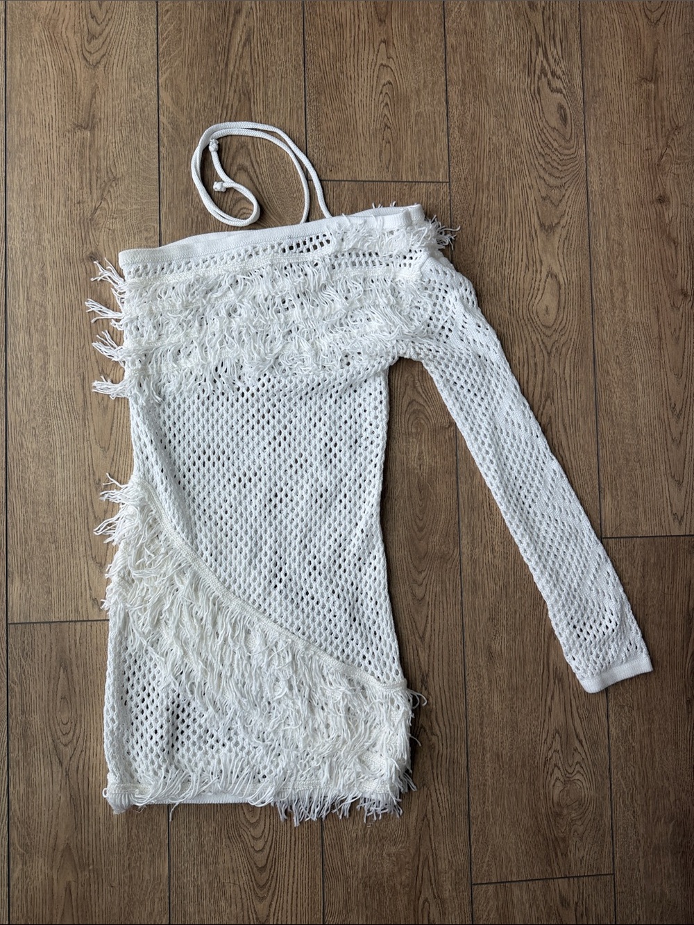 White Fringe One-Shoulder Crochet Swim Coverup